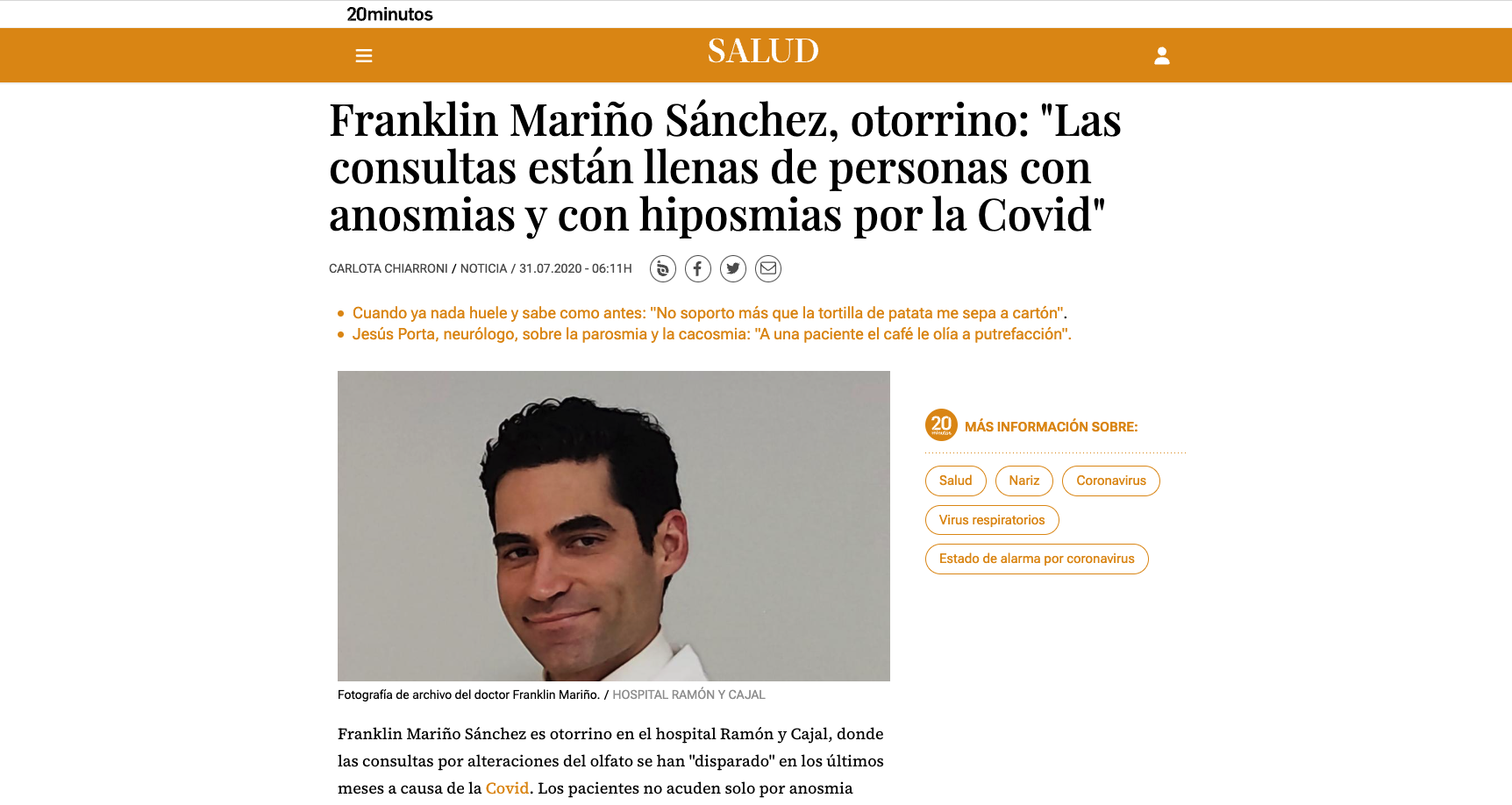 Franklin Mari&ntilde;o S&aacute;nchez, otorrino: "Las consultas est&aacute;n llenas de personas con anosmias y con hiposmias por la Covid"
